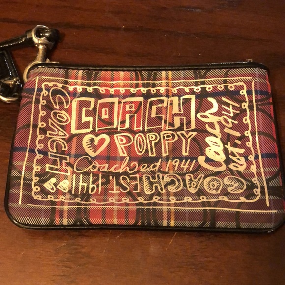 Coach Poppy Tartan Plaid Pink Purple Multi Stripe Zip Wristlet - Picture 2 of 7